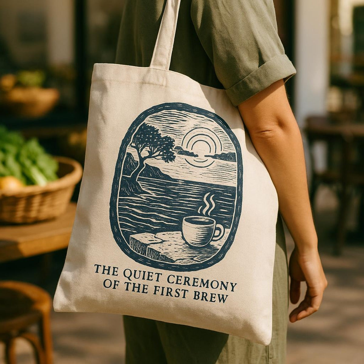 Person carrying the ecru coffee scoop tote over the shoulder on a sunlit Mediterranean morning walk