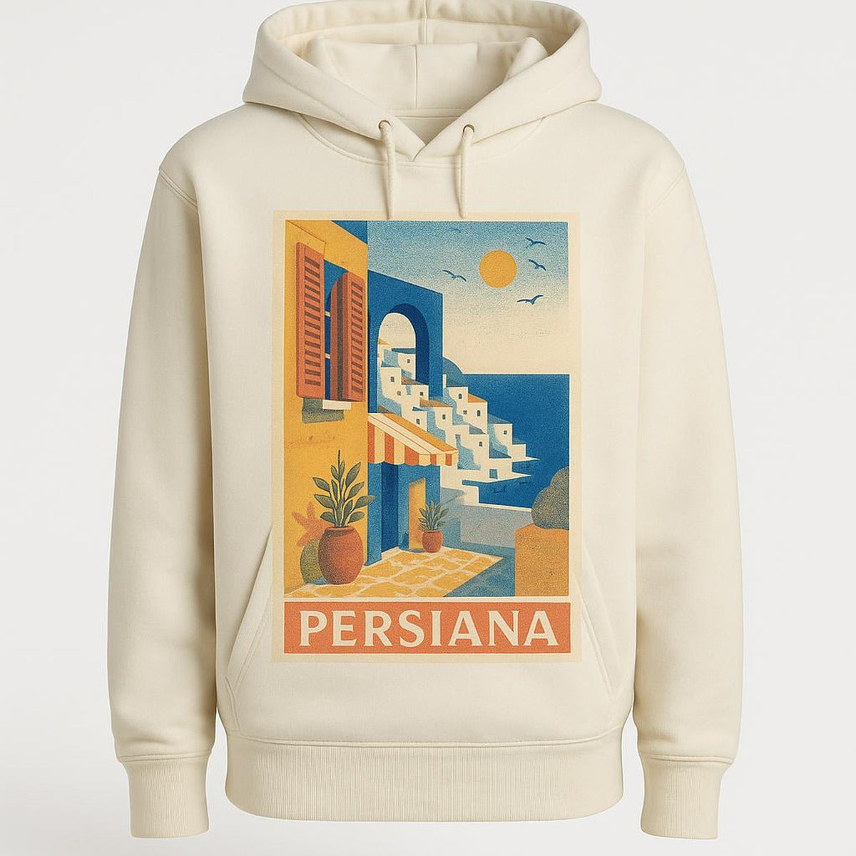 Heavyweight terracotta hoodie with tonal sun-washed horizontal stripe design, shown flat on a warm neutral background