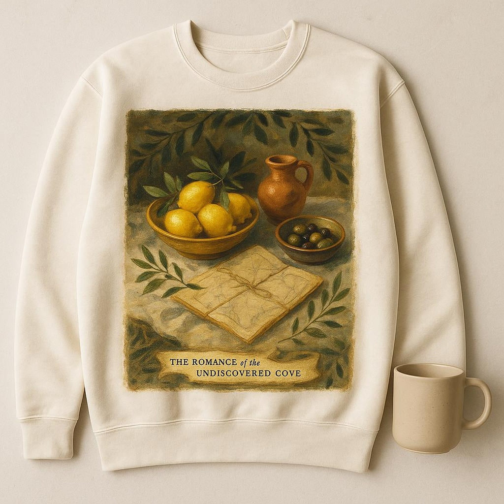 Detail of the ribbed crew neckline, cuff and loop-back interior of the cotton-rich sweatshirt