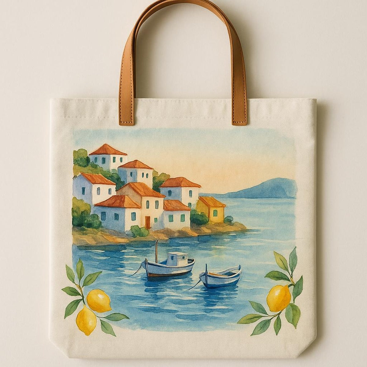 Straw market tote resting on stone steps by the sea in warm afternoon light