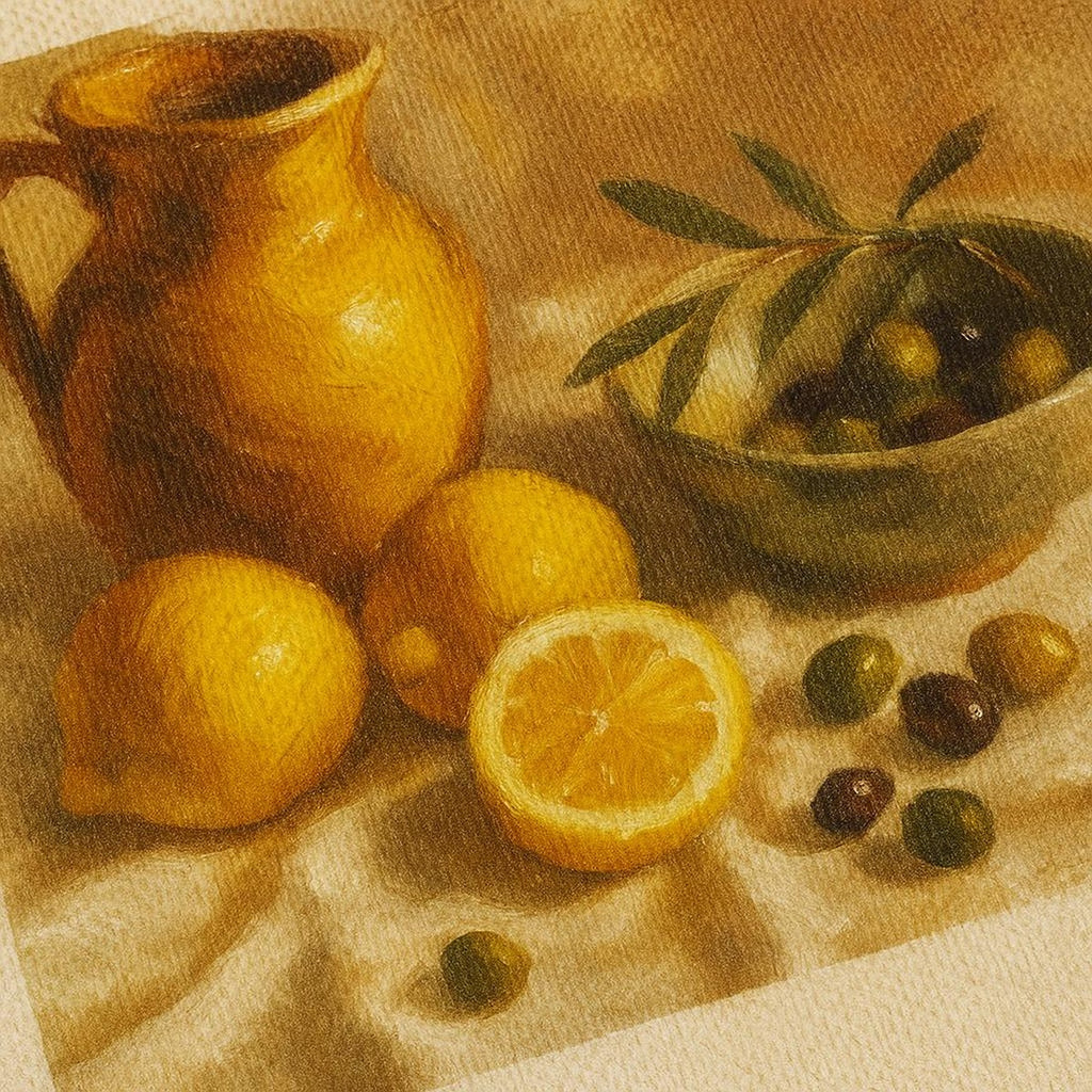 Close-up of the matte fine-art paper showing soft stone and sand tones and the tonal horizon stroke
