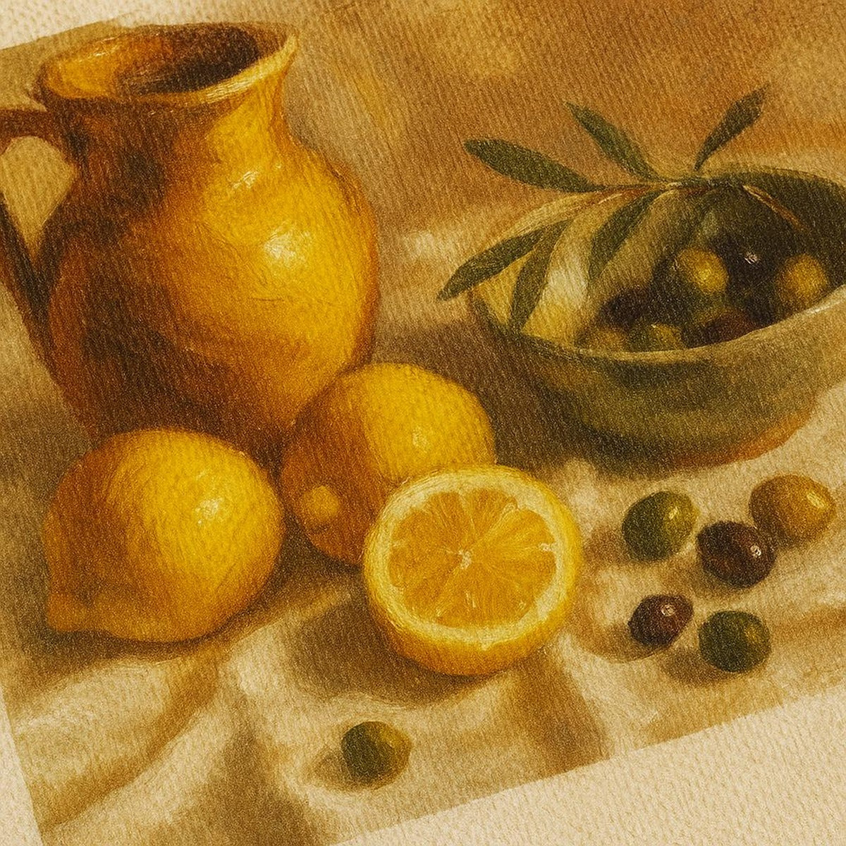 Close-up of the matte fine-art paper showing soft stone and sand tones and the tonal horizon stroke