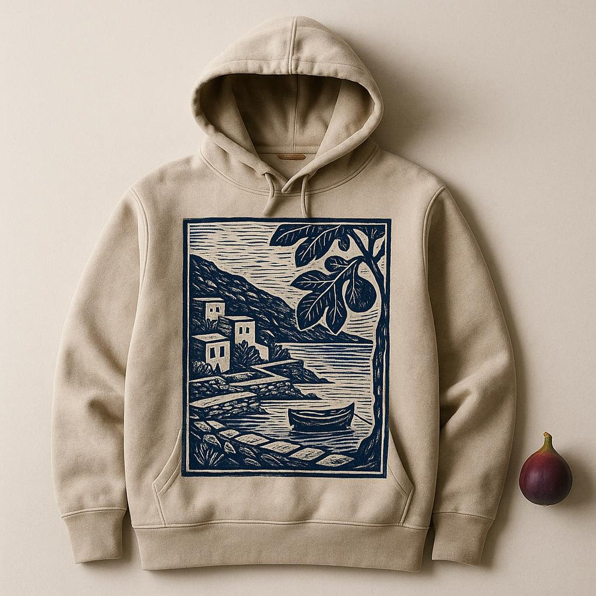 Detail of the double-lined hood, flat drawcords and ribbed cuff
