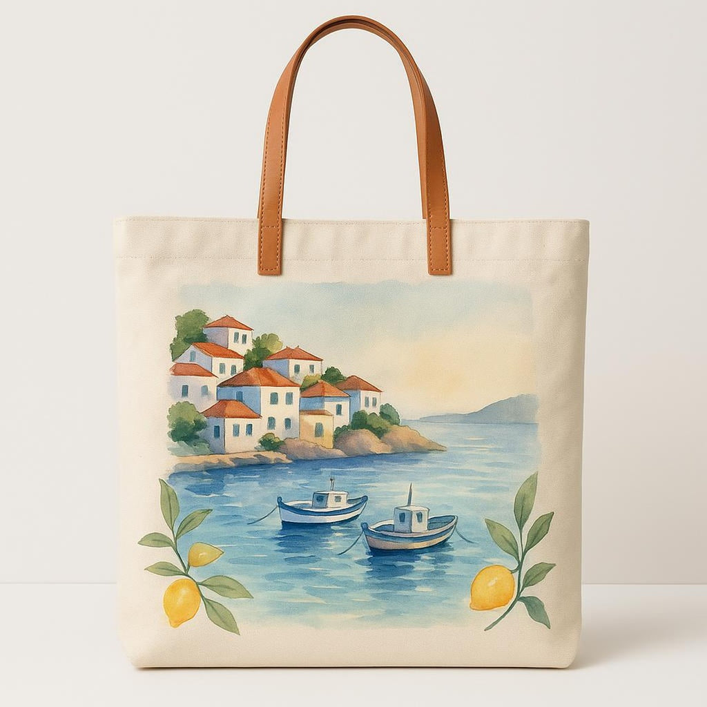 Natural handwoven raffia market tote with tan leather handles standing upright against a neutral background