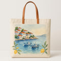 Natural handwoven raffia market tote with tan leather handles standing upright against a neutral background