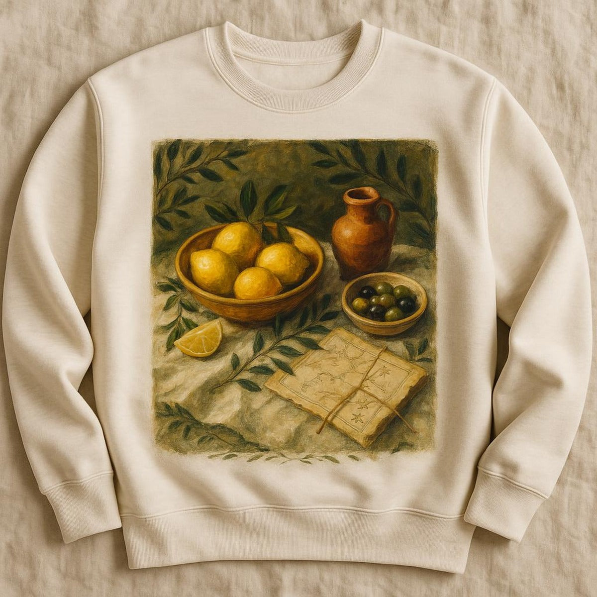 Folded sweatshirt styled on a wooden chair with rope and a straw hat in a Mediterranean room setting