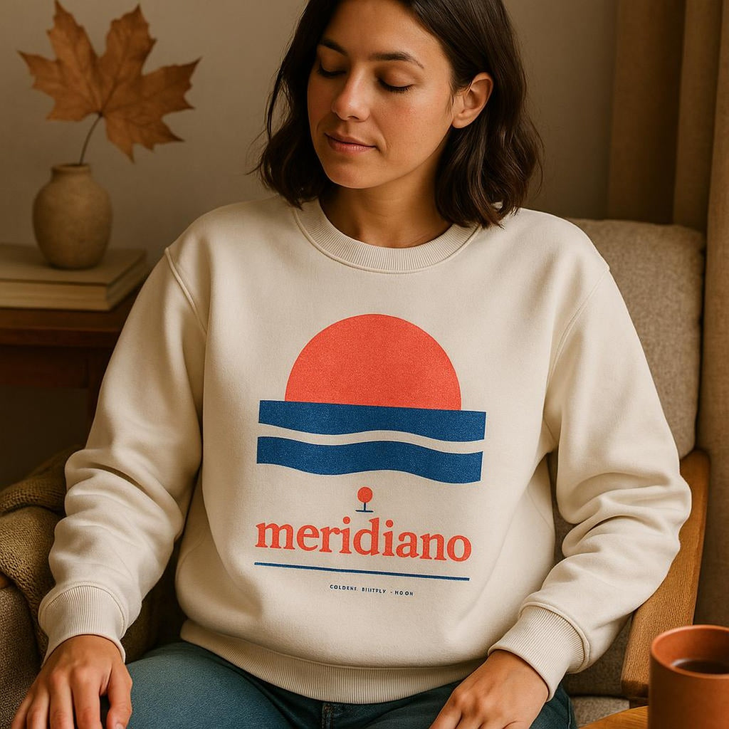 Person wearing the garment-dyed coastal sweatshirt on a bright seaside walk
