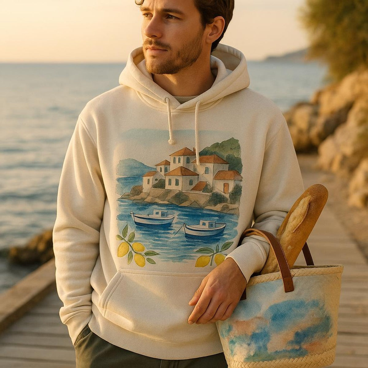 Person wearing the Porto coastal hoodie on a breezy harbour walk near the sea