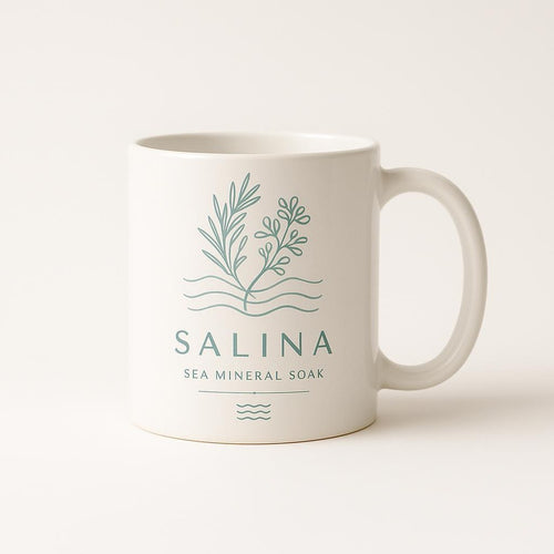 Sea blue and salt white ceramic mug with Mediterranean coastal design on a plain background