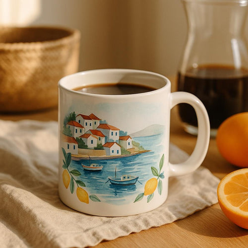 Coastal ceramic mug held in hand beside a sunlit window on a slow morning
