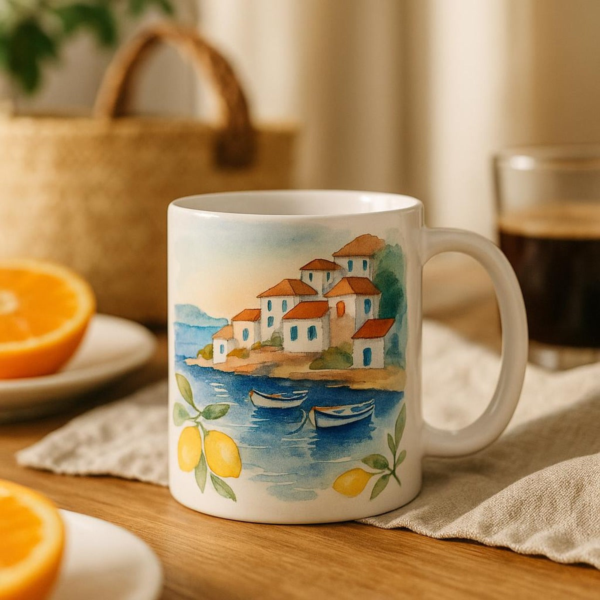 Porto mug shown next to a book and dried grasses to display its 11oz size