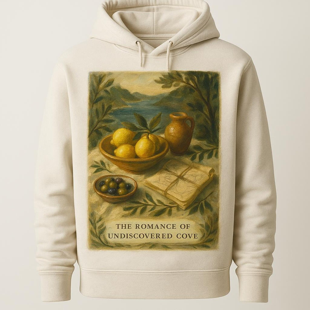 Washed sand heavyweight hoodie printed with a faded navy hand-illustrated archipelago map across the chest