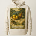 Washed sand heavyweight hoodie printed with a faded navy hand-illustrated archipelago map across the chest