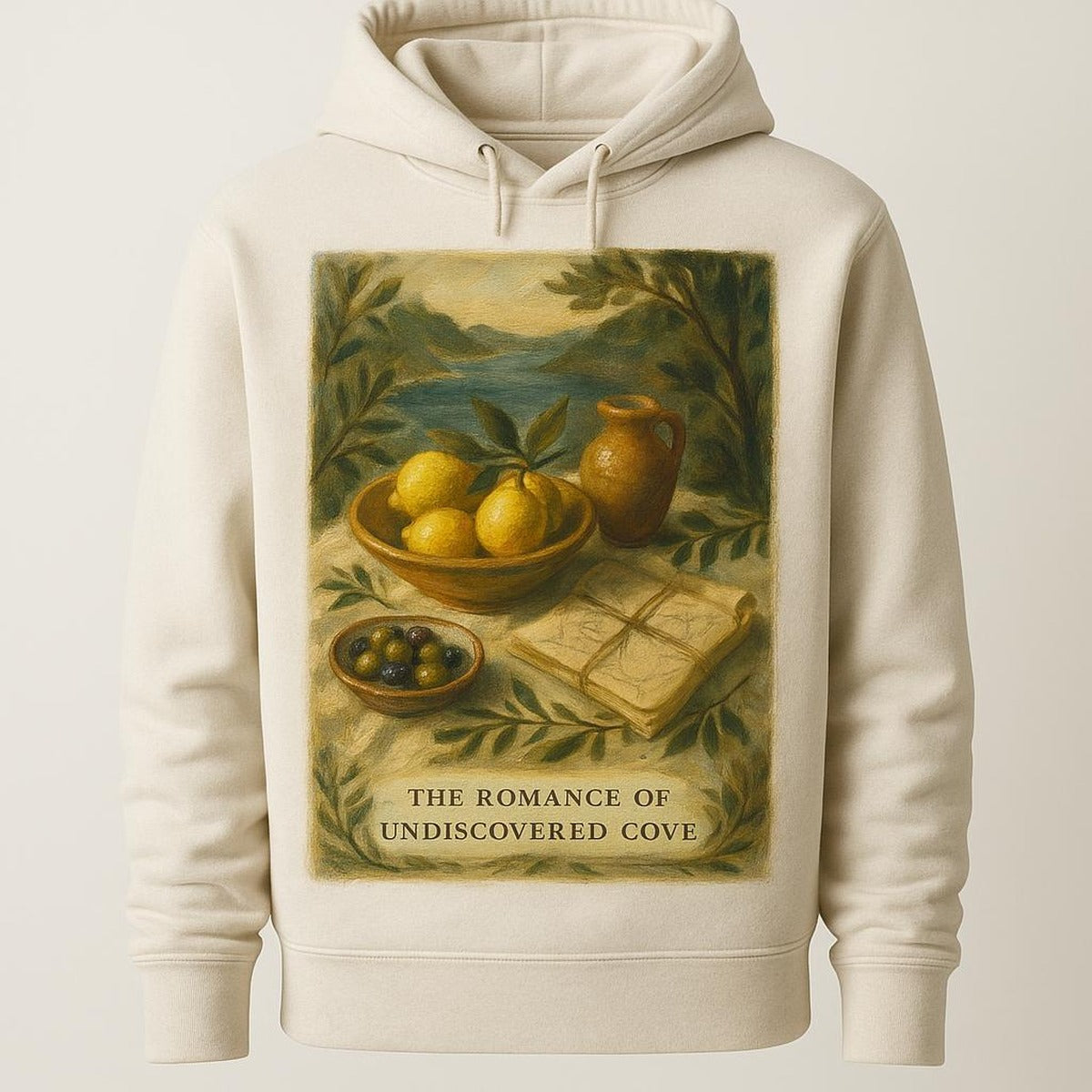 Washed sand heavyweight hoodie printed with a faded navy hand-illustrated archipelago map across the chest