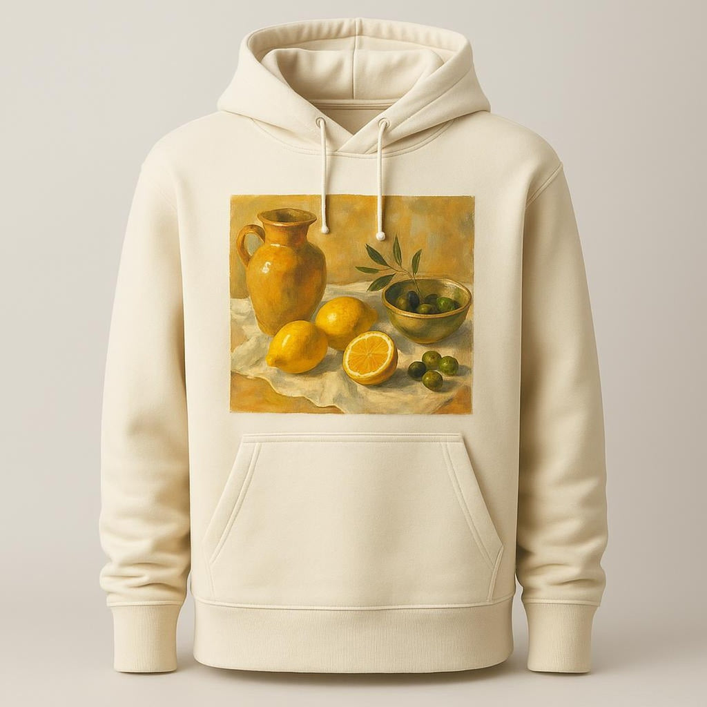 Muted stone heavyweight hoodie shown flat on a linen backdrop with a small tonal horizon embroidery on the chest