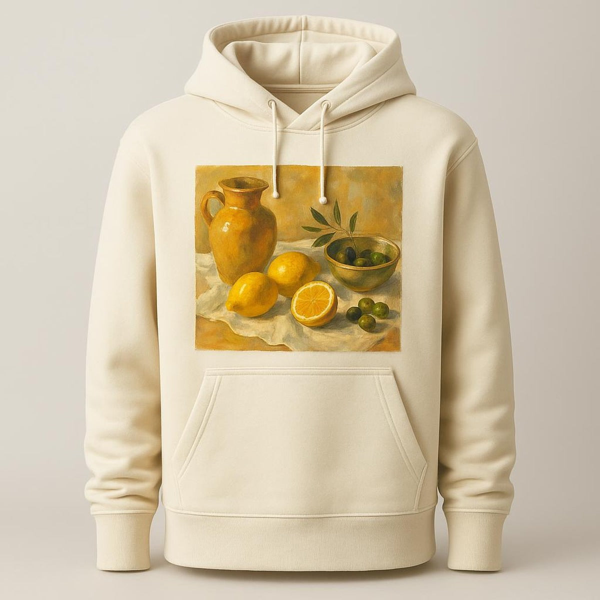 Muted stone heavyweight hoodie shown flat on a linen backdrop with a small tonal horizon embroidery on the chest