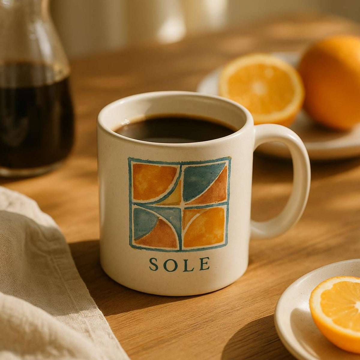 Terrazzo Sole mug filled with coffee on a sunlit breakfast table beside a linen napkin