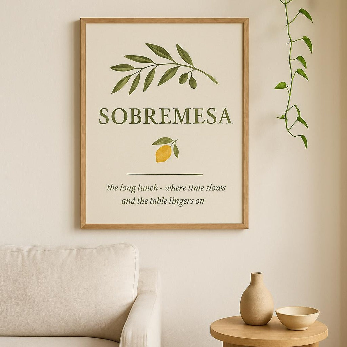 Lifestyle scene showing the carafe poster framed above a dining sideboard set for a long lunch