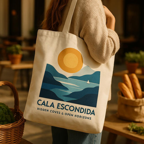 Woman carrying the Cala Escondida tote over her shoulder on a sunlit harbour walk
