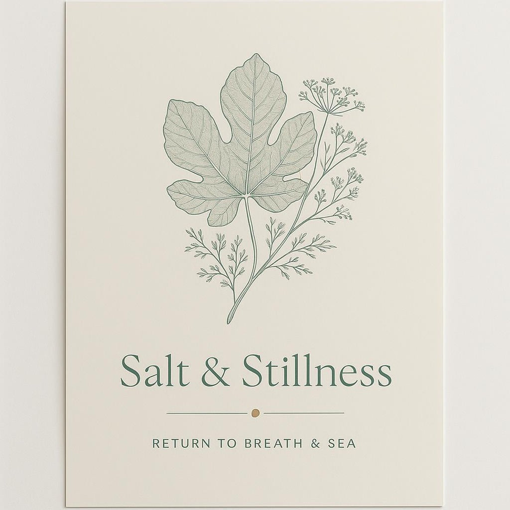 Hero view of Salt & Stillness Body Oil poster showing sea mineral grey and fig leaf green Mediterranean design on matte paper