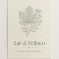 Hero view of Salt & Stillness Body Oil poster showing sea mineral grey and fig leaf green Mediterranean design on matte paper