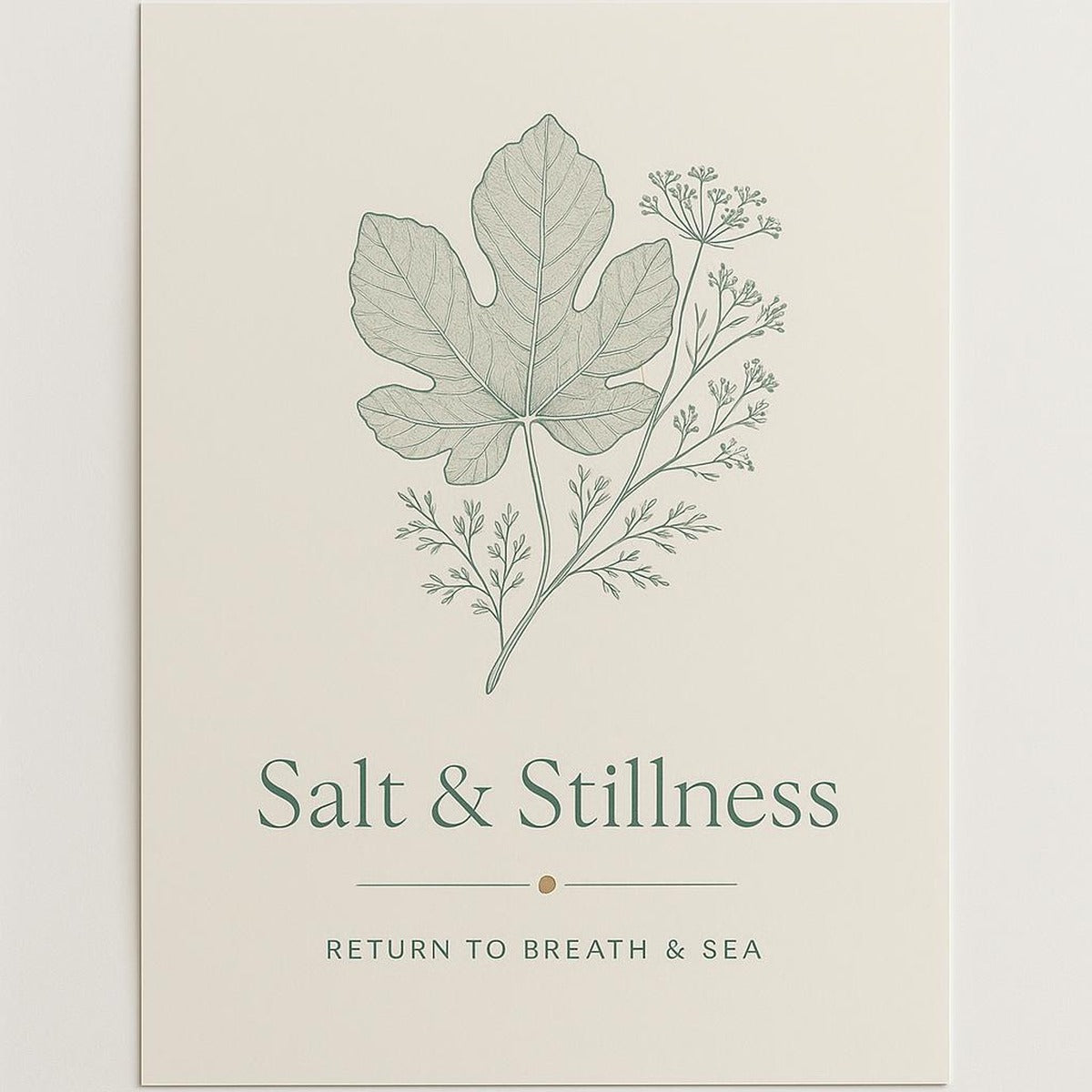 Hero view of Salt & Stillness Body Oil poster showing sea mineral grey and fig leaf green Mediterranean design on matte paper
