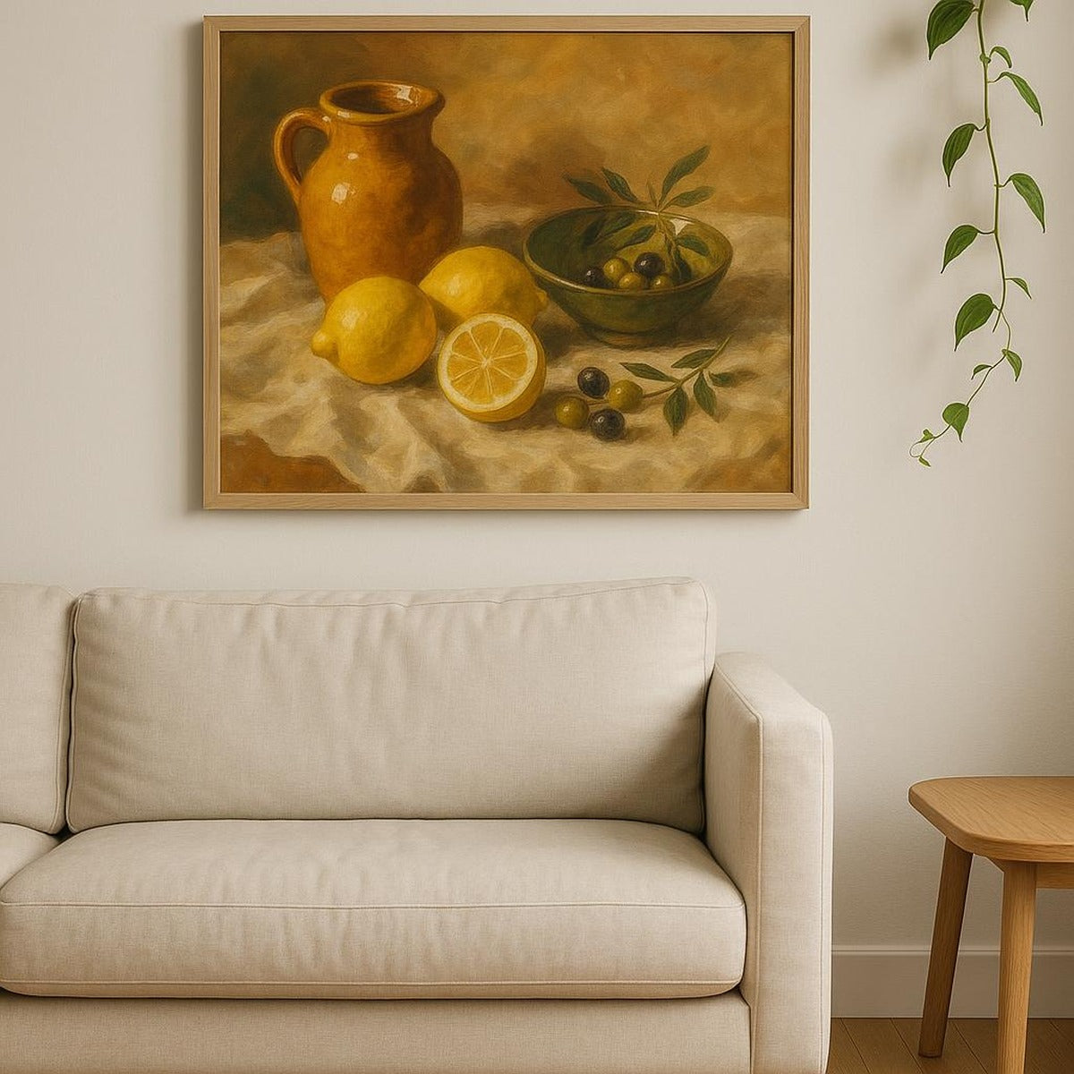 Room scene of the neutral horizon print in a calm bedroom above a wooden bedside table