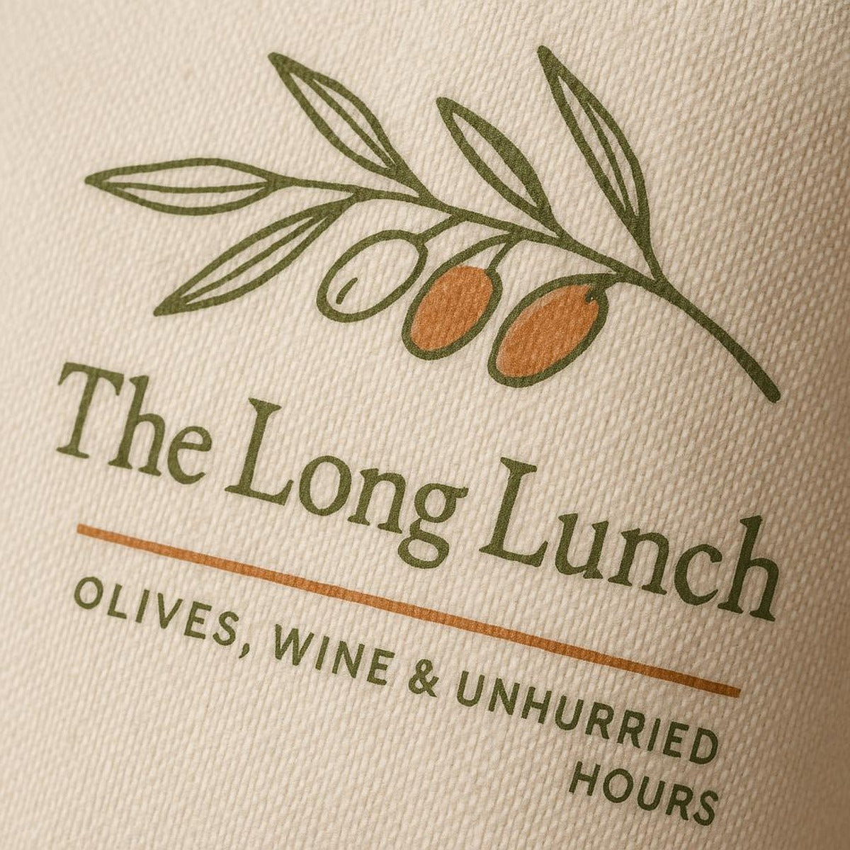 Close-up of the hand-illustrated meze olive dish print showing soft water-based ink detail on canvas weave