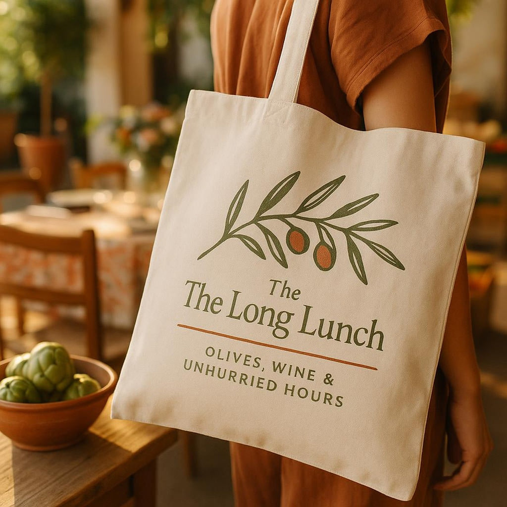 The canvas tote resting on a sunlit Mediterranean table beside olives and a linen napkin