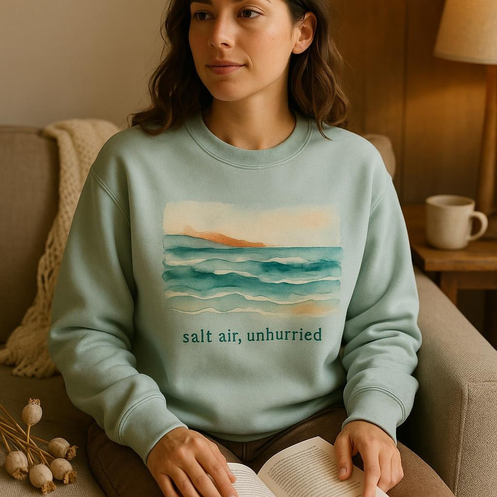 Person in aqua hoodie walking a quiet shoreline with damp hair after a swim