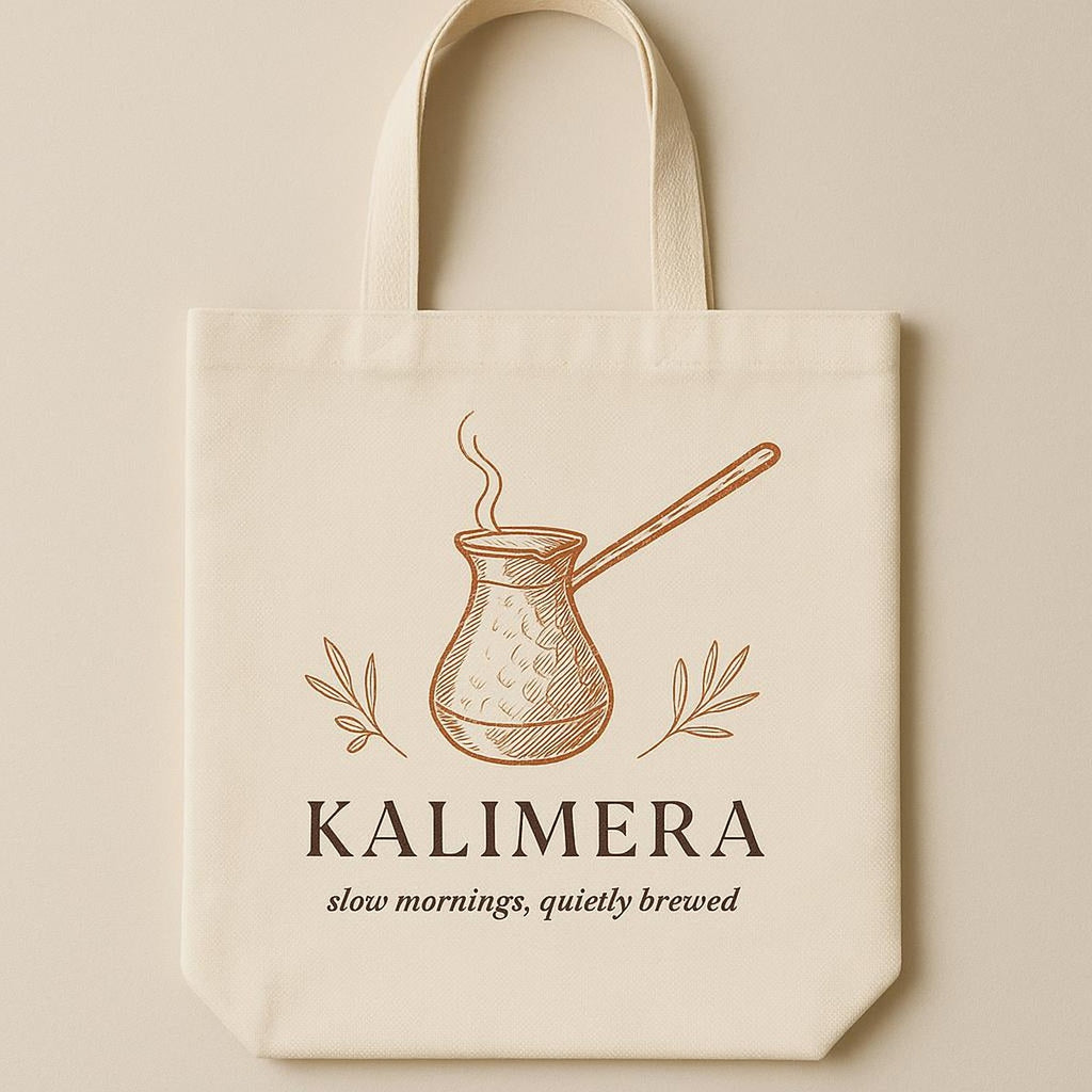 Flat lay of the copper cezve tote with a book, sunglasses and linen scarf for a slow morning look