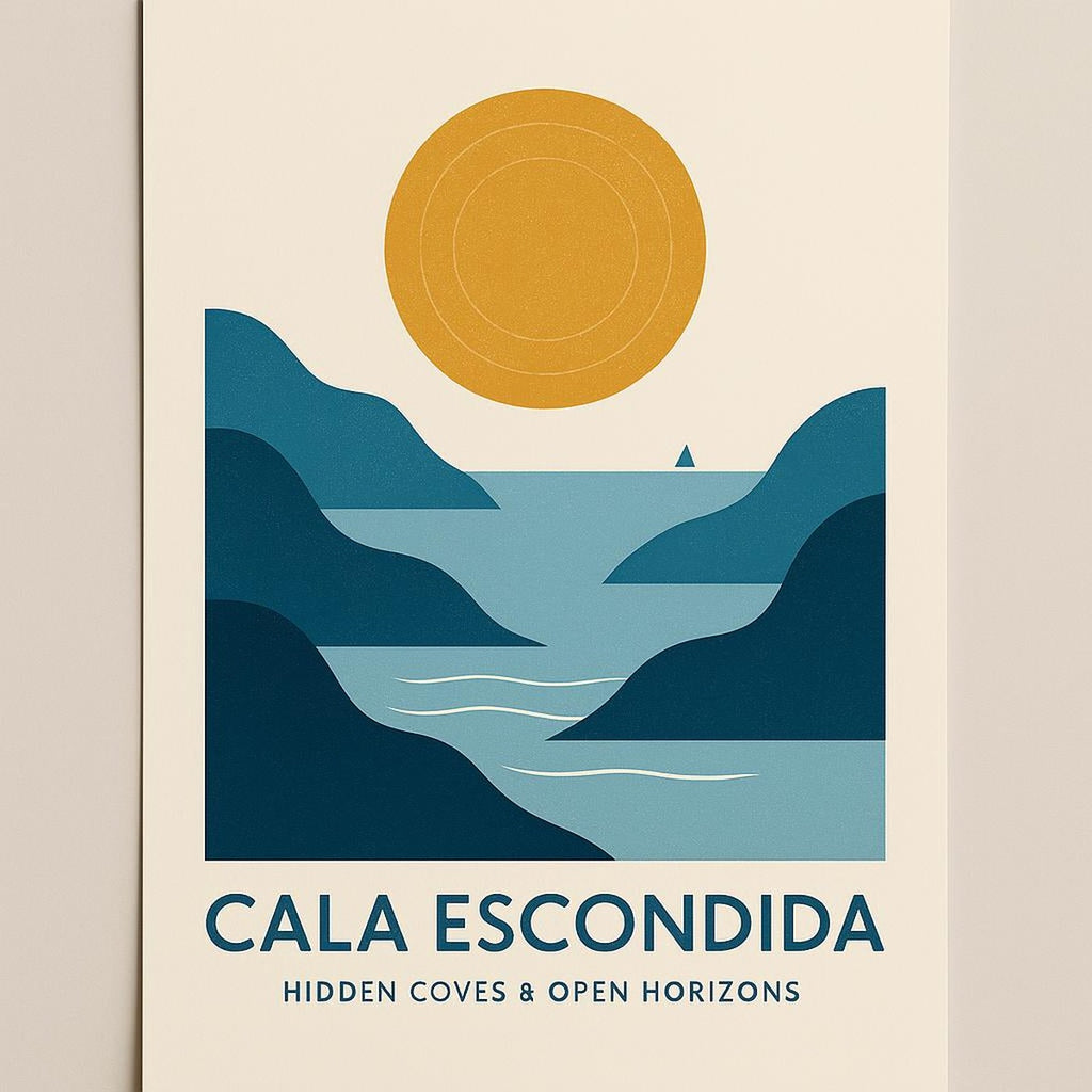 Cala Escondida poster styled above a made bed with neutral bedding in a calm bedroom