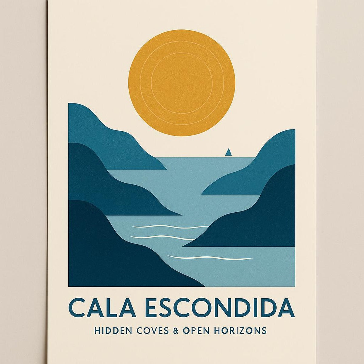 Cala Escondida poster styled above a made bed with neutral bedding in a calm bedroom