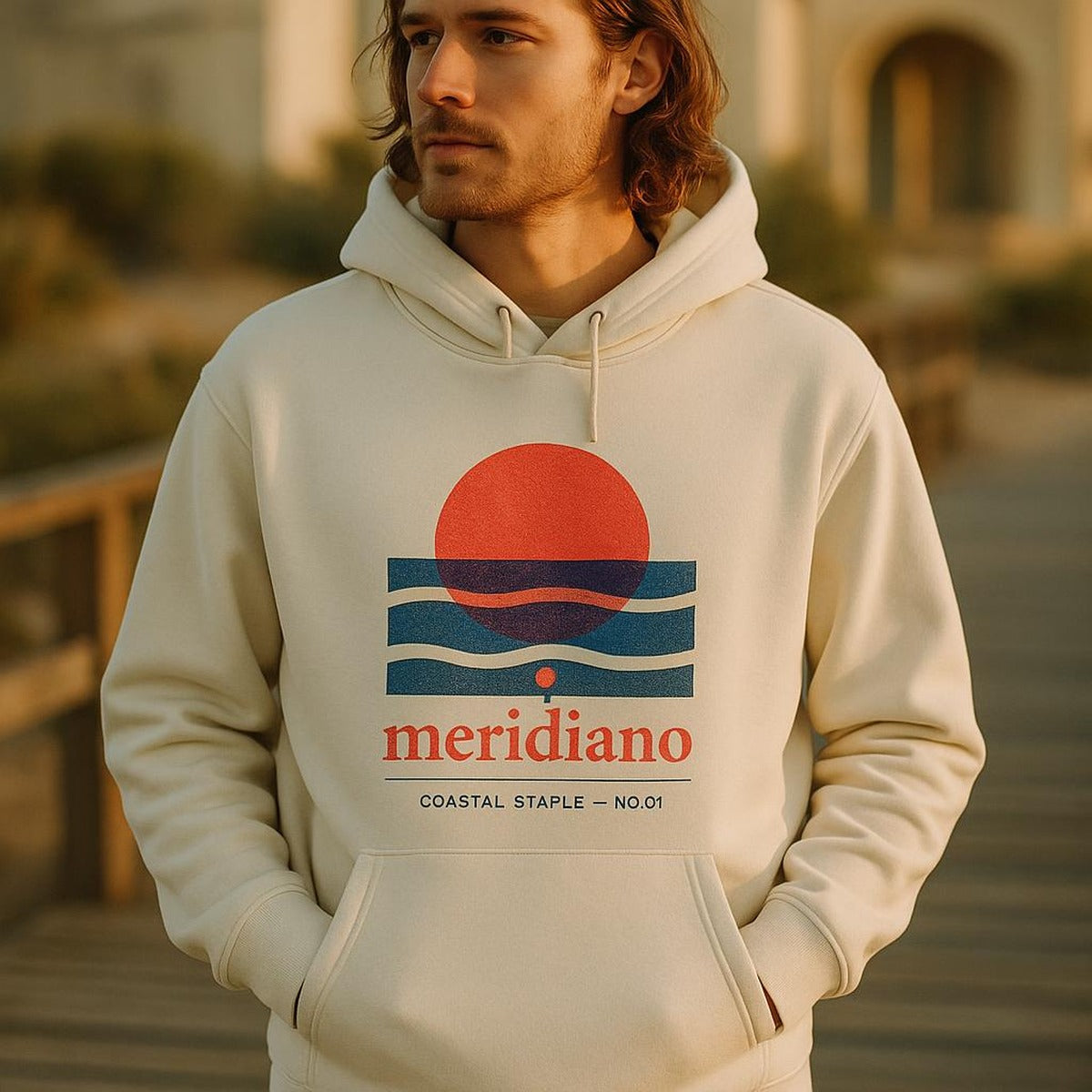 Model in the hoodie beside weathered stone wall showing relaxed unisex fit and length