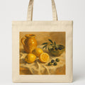 Muted stone cotton canvas tote bag with a small tonal embroidered horizon line, shown flat against a neutral background