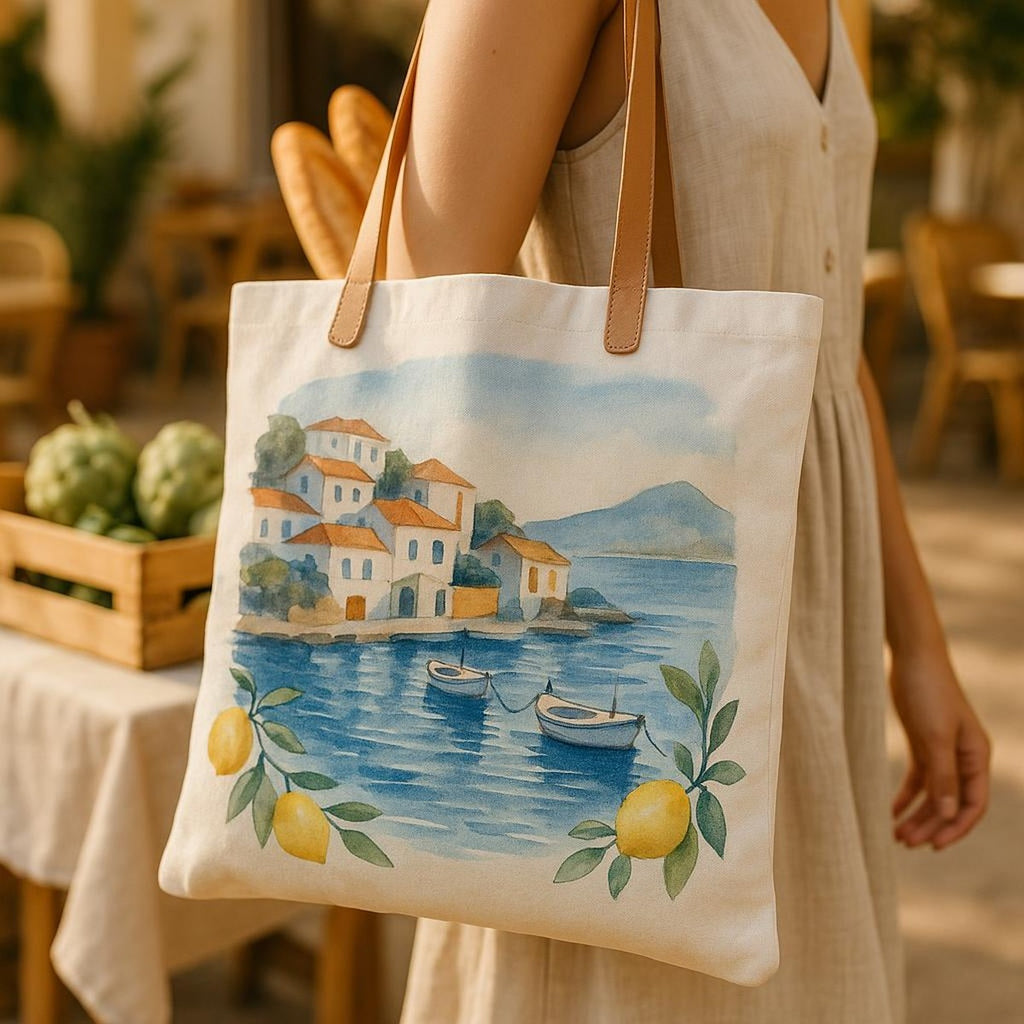 Woman carrying the raffia beach tote over her shoulder on a sunlit coastal path
