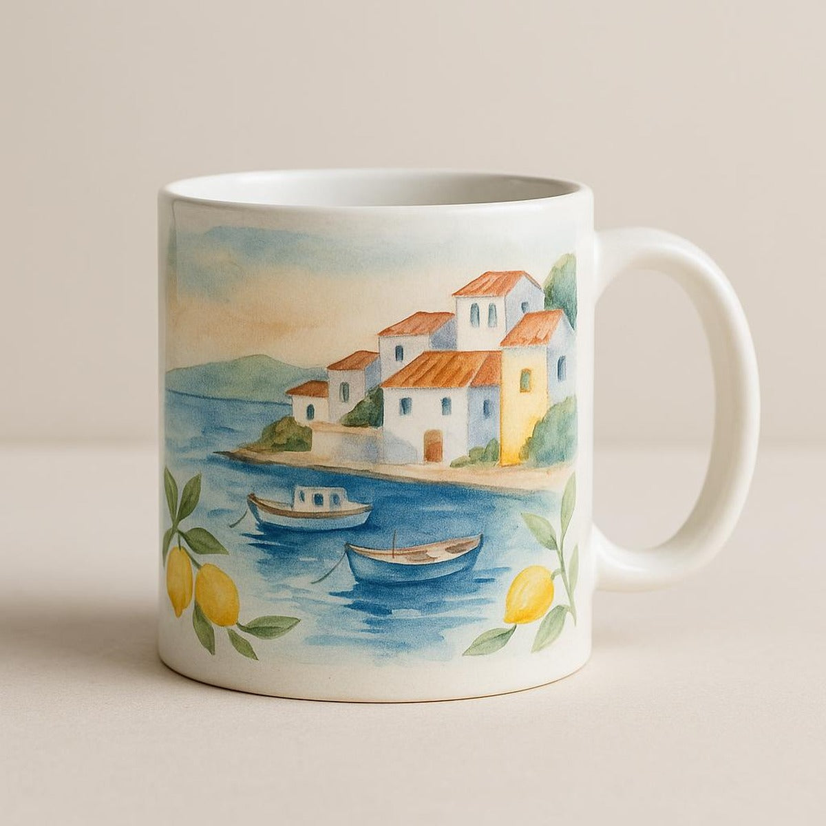Coastal-themed ceramic mug styled on a rustic kitchen shelf with warm light