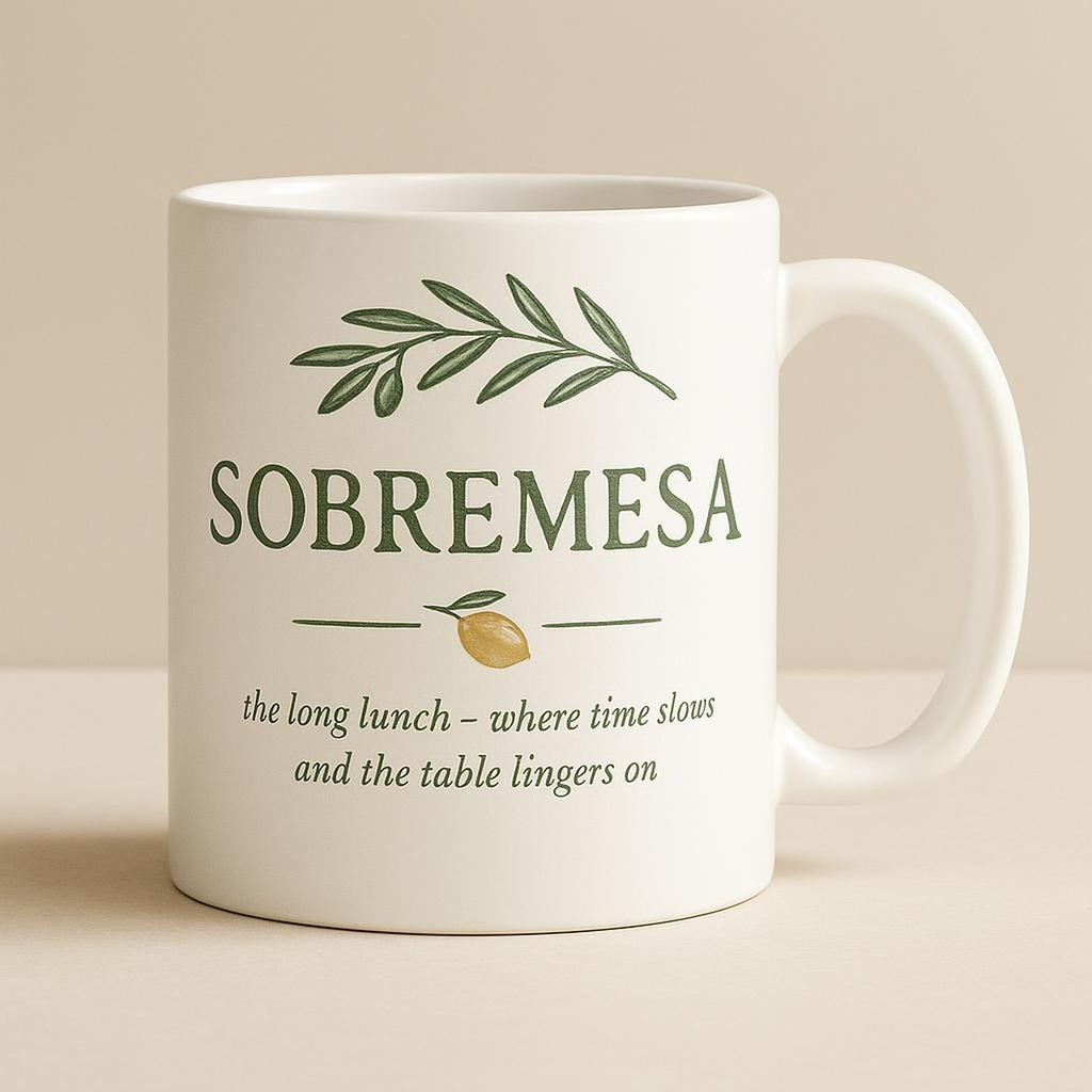 Two Sobremesa mugs on a sunlit Mediterranean breakfast table