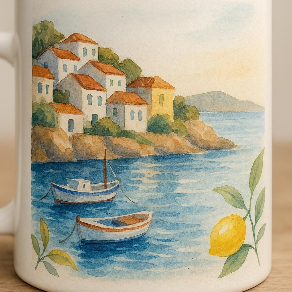 Close-up of the glossy glaze and Mediterranean island motif wrapping the mug