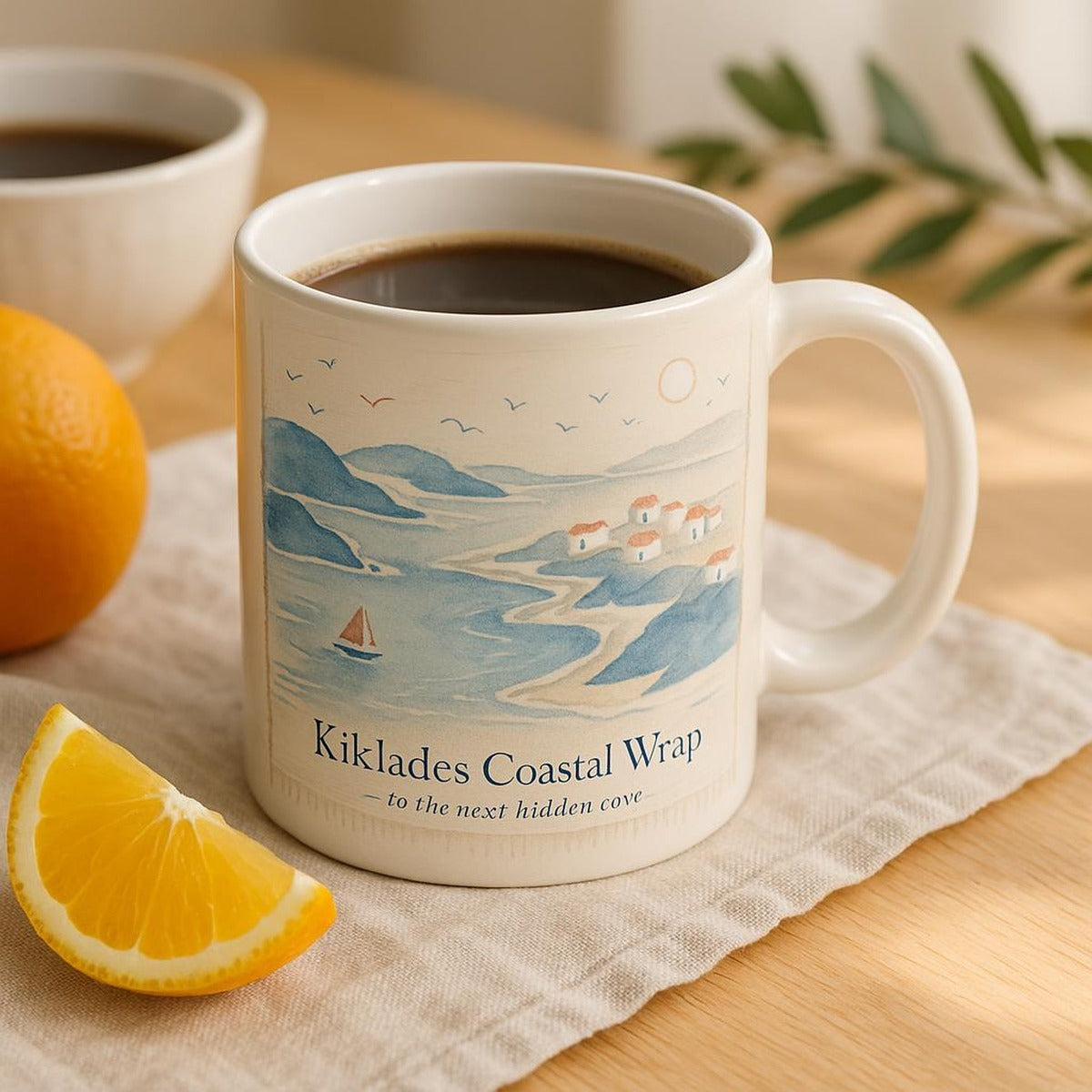 Coastal mug held in two hands beside a sunlit window with morning coffee