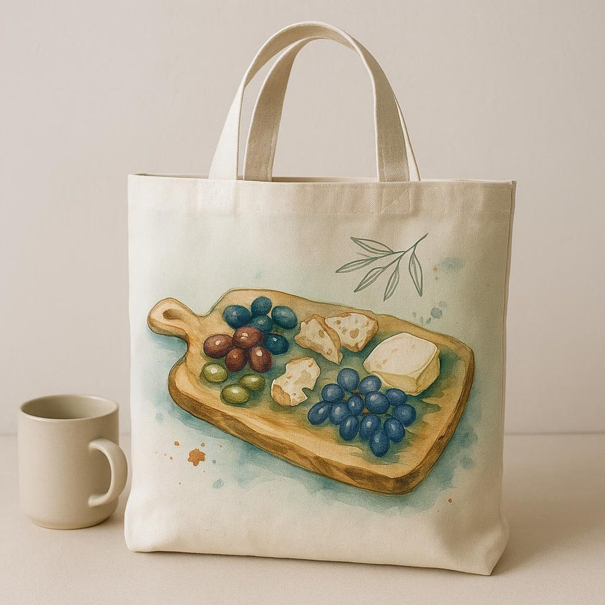 Tote bag shown open and filled with bread, produce and a bottle to show its generous size