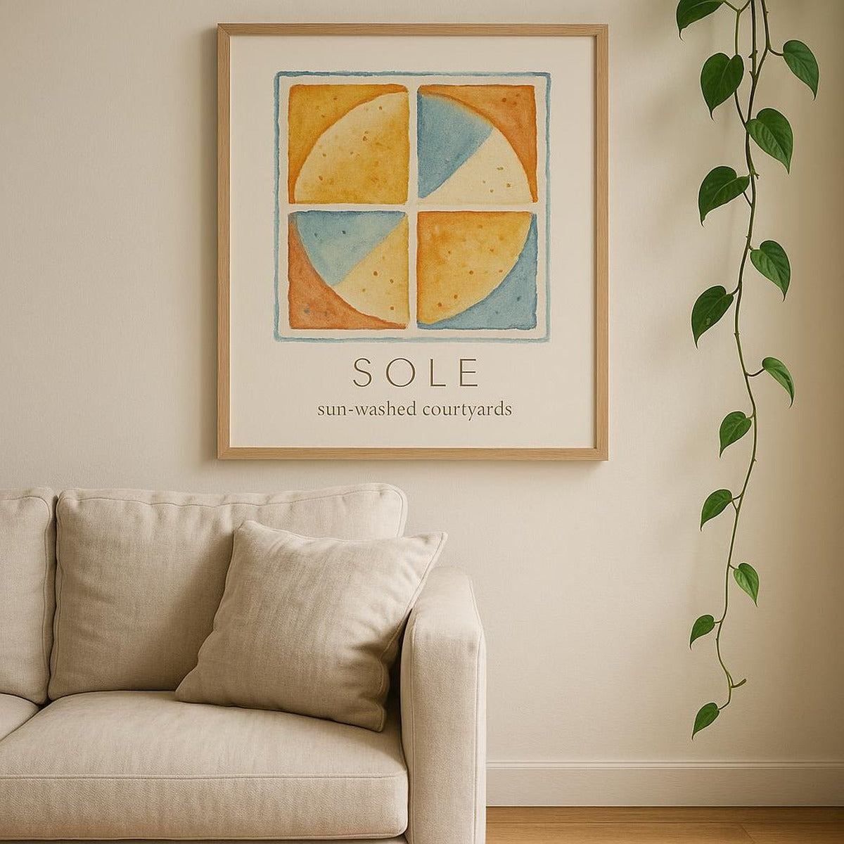 Room setting with the sun-washed poster anchoring a warm neutral gallery wall in a kitchen