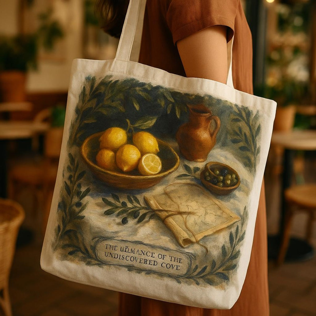 Natural canvas tote resting on a rustic bench beside linen and woven baskets in a coastal room