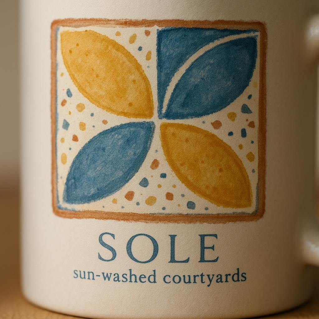 Close-up of the speckled ochre and azure glaze showing hand-finished brushwork and satin sheen