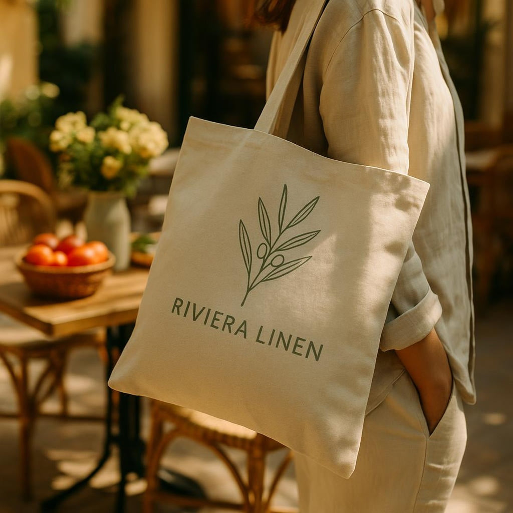 Canvas tote standing upright on a wooden kitchen table beside fresh market produce