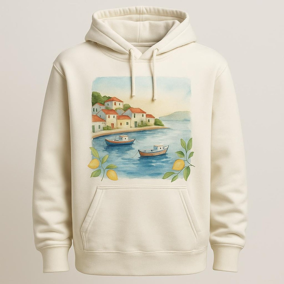 Natural sand heavyweight hoodie with raffia-inspired coastal print displayed flat on linen backdrop