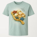 Olive green premium t-shirt printed with a hand-drawn olive wood grazing paddle and carved handle