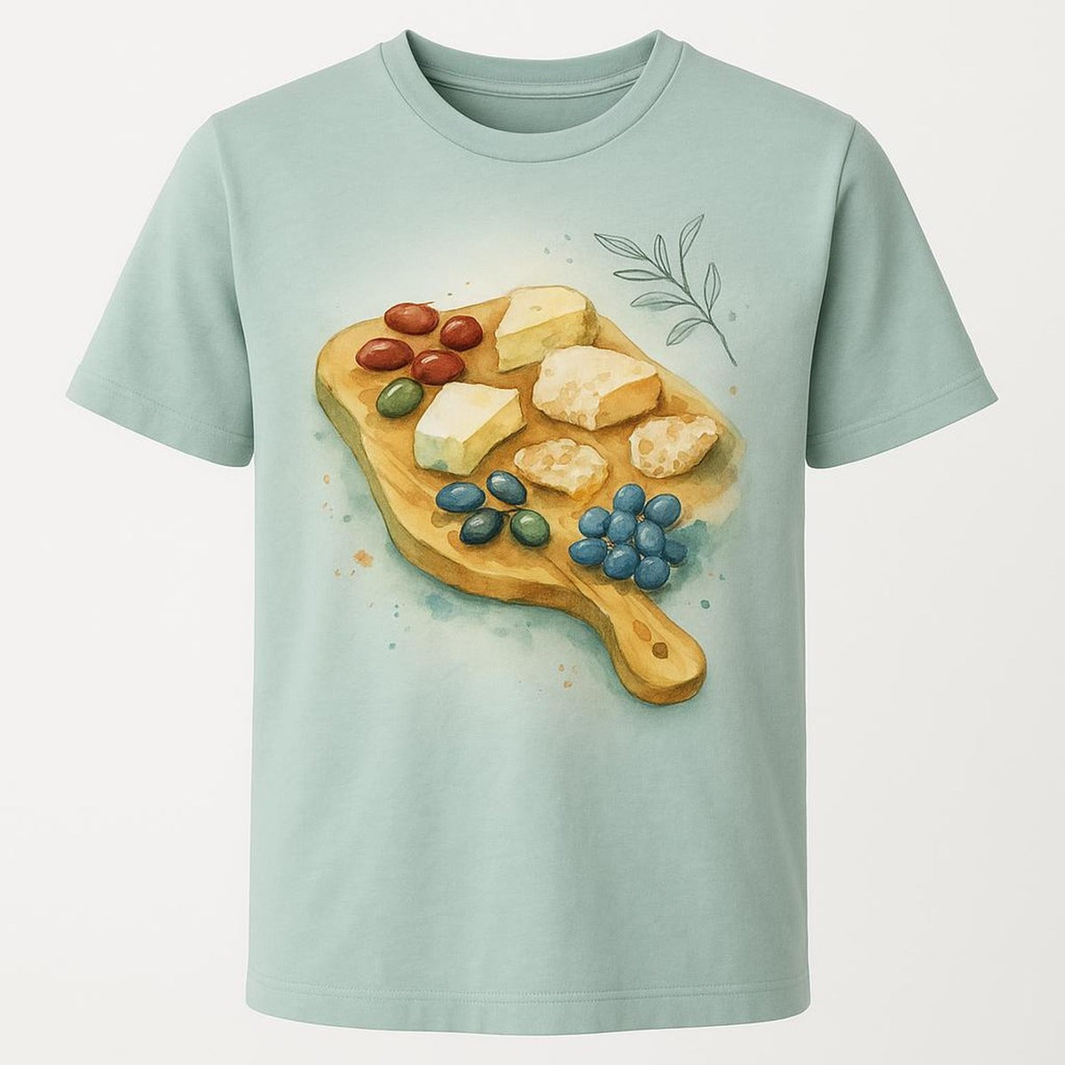 Olive green premium t-shirt printed with a hand-drawn olive wood grazing paddle and carved handle