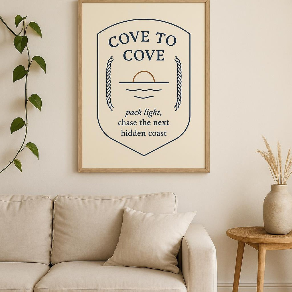 Coastal travel poster styled above a wooden console table in a sunlit Mediterranean hallway