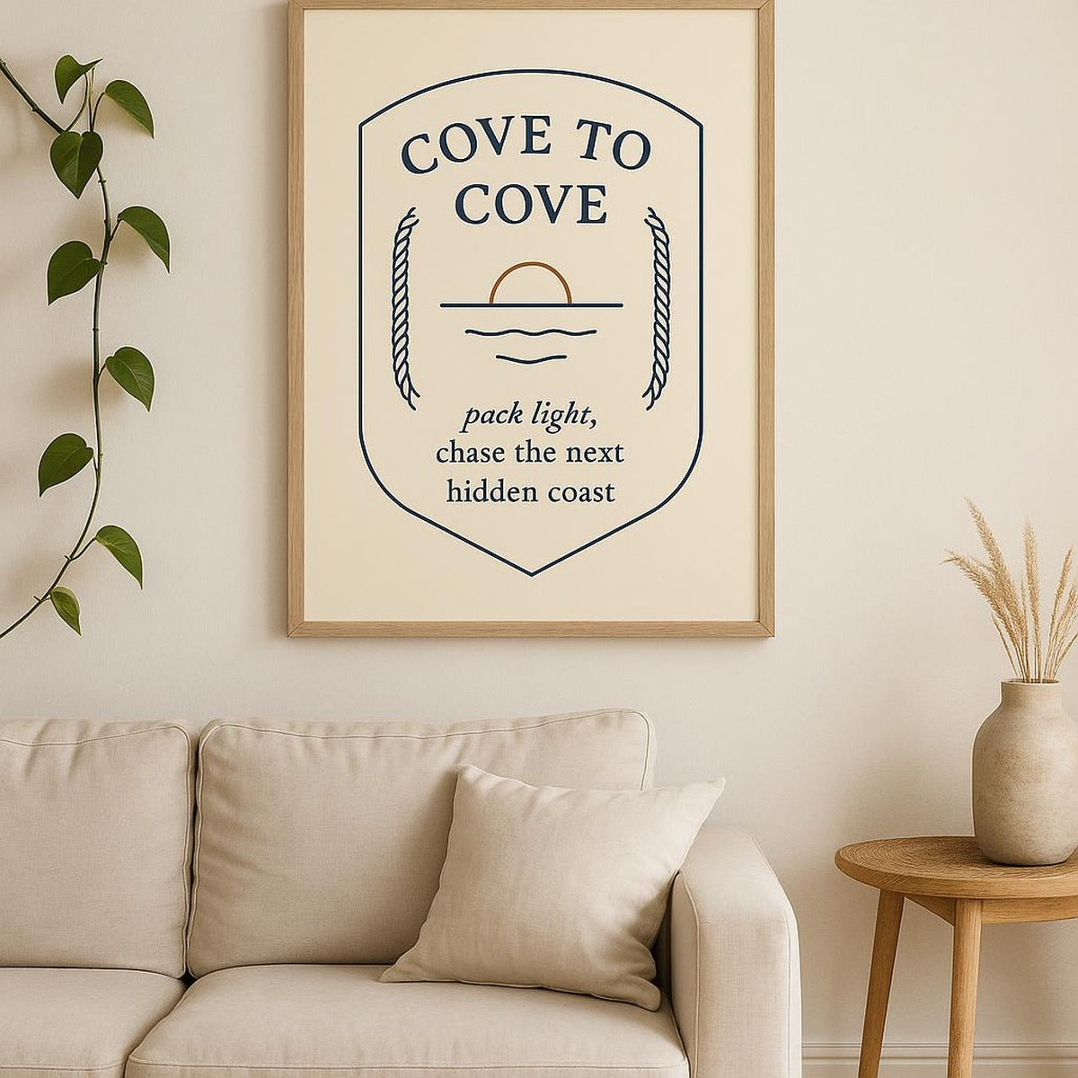 Coastal travel poster styled above a wooden console table in a sunlit Mediterranean hallway